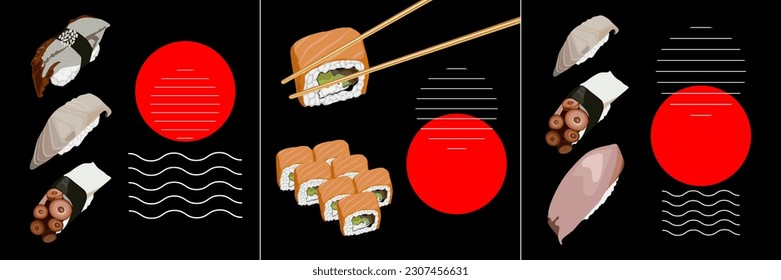 Realistic fresh sushi design concept with isolated vector illustration. A vivid illustration of Japanese cuisine in black and red colors. Set of illustrations