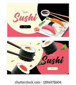 Realistic fresh sushi horizontal banners set isolated vector illustration
