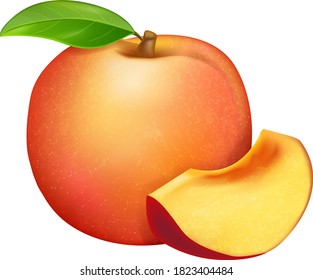 Realistic Fresh Sweet Ripe Peach, Whole With Leaf And Slice Isolated On White. Vector Illustration 
