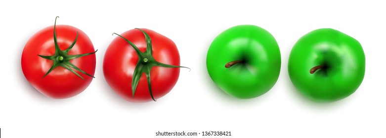 Realistic Fresh Tomato With Green Twig And Apple. EPS10 Vector