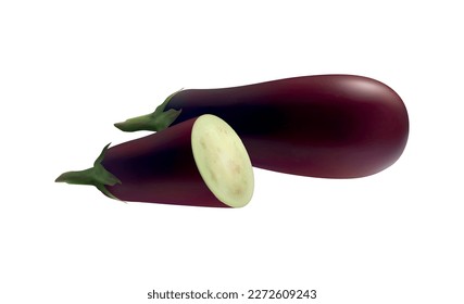 Realistic fresh whole and cut eggplant vector illustration