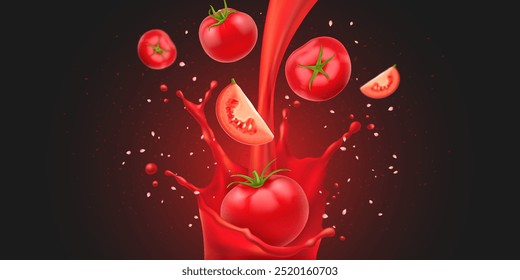 Tomates frescos y enteros realistas del pedazo que caen en salpicadura jugosa roja aislada en fondo oscuro. Concepto ADS para zumo de tomate, ketchup o salsa.