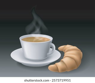 Realistic freshly brewed coffee and croissant. Fresh pastries and coffees cup isolated vector illustration