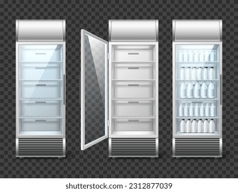 Nevera realista con bebidas. Equipo de supermercado, refrigerador vertical vacío y de almacenamiento completo, botellas con objetos en blanco, puerta de vidrio abierta y cerrada, elementos aislados 3d, conjunto vectorial completo