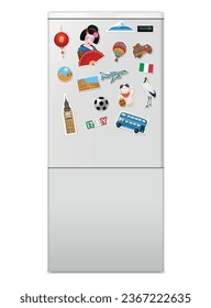 Realistic fridge front door with souvenir magnets from different countries vector illustration