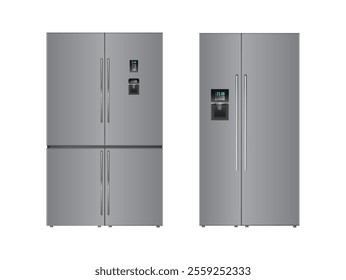 Realistic fridge model with sensor and information about temperature control. Vector isolated double door refrigerator with handles. Kitchen appliances and interior design for home, technologies