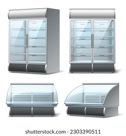 Realistische Kühlschränke zeigen Kisten. Einzelne gewerbliche Kühlschränke und Schaukästen mit Glastür oder -geschäft, verschiedene Winkel, 3D-Supermarktausrüstung, leerer Gefrierfach, vollwertiger Vektorset