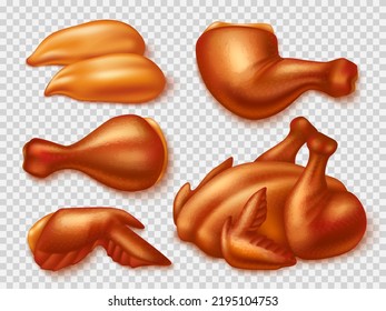 Realistic fried chicken. Cooked poultry with browned crust, roasted turkey, whole carcass and parts, barbecue and grill delicious legs, wings and breast, 3d elements utter vector set