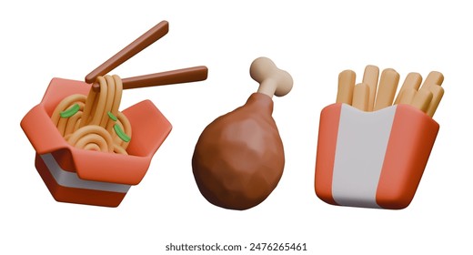 Realistic fried chicken leg, box with noodles and chopsticks, paper package with French fries