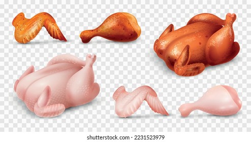 Piezas de pollo frito y de carne cruda realistas aisladas en ilustración vectorial de fondo transparente