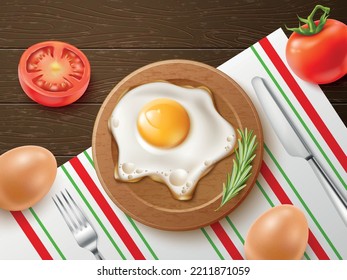 Realistic fried eggs breakfast. Morning fast food, plate top view, fresh tomatoes, natural farm products, rustic serving, fork and knife on napkin. Healthy organic food. Utter vector concept