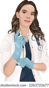 realistic friendly woman doctor in blue gloves with stethoscope. Smiling beautiful brunette in female medical uniform