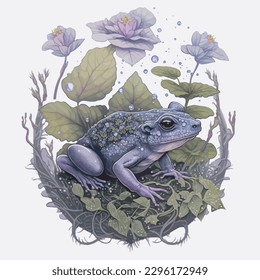 realistic frog and green leaf lilac and flowers watercolor vector illustration