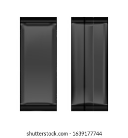 Realistic front and back sides of black blank flow pack isolated on white background. Vector pack mockup for product design and branding. Blank food, cosmetic and hygiene package template