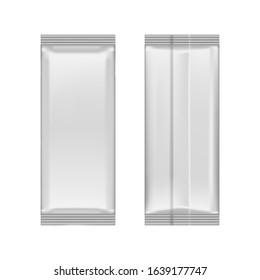Realistic front and back sides of blank flow pack isolated on white background. Vector pack mockup for product design and branding. Blank food, cosmetic and hygiene package template