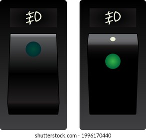 Realistic front fog light switch knob with green illumination indicator in activated and deactivated condition illustration vector.