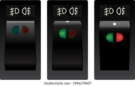 Realistic front and rear dual step fog light switch knob with illumination indicator in first step activated, second step activated and deactivated condition illustration vector.