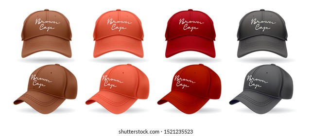 Realistic front and side view earth tone color baseball cap isolated on white background vector illustration