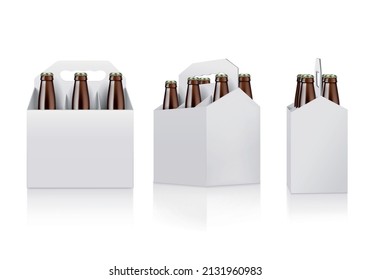 Vista frontal y lateral realista del paquete de caja blanca para seis botellas con ilustración vectorial aislada de manejo