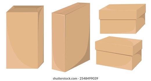 Vista frontal y lateral realista de las cajas de cartón de entrega en Ilustraciones vectoriales, con detalles de embalaje de estilo artesanal.