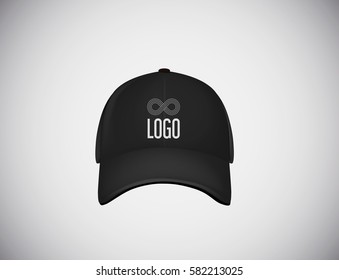 Realistic front view black baseball cap with logo lettering for advertising isolated on white background vector illustration.