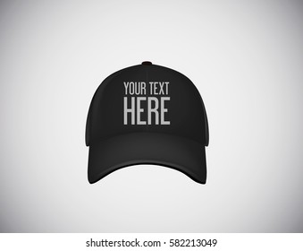 Realistic front view black baseball cap with logo lettering for advertising isolated on white background vector illustration.