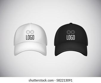 Realistic front view black and white baseball caps with logo lettering for advertising isolated on white background vector illustration.