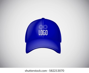 Realistic front view blue baseball cap with text logo for advertising isolated on white background vector illustration.