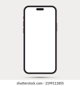 Realistic front view smartphone mockup. Mobile phone purple frame with blank white display isolated on background. Vector telephone device template