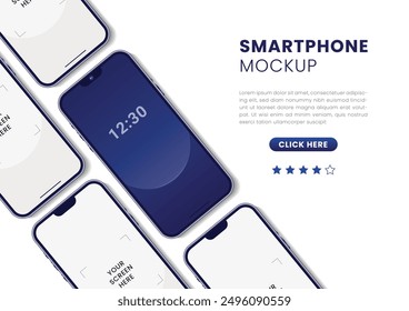 Realistic front view smartphone mockup. 3D Mobile phone mockup for ui ux presentation. Mobile phone frame blank display with isolated on white background. Different angle smartphone presentation
