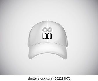 Realistic front view white baseball cap with logo lettering for advertising isolated on white background vector illustration.