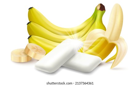 Realistic Fruit chewing gum pellet with banana flavor. Chewing pads with fresh ripe bananas. Product placement detailed label design. Packaging design for branding. 3d vector