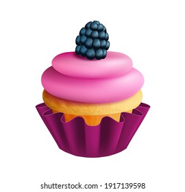Realistic fruit cupcake. Isolated bakery element, biscuit with cream and berry. Sweet dessert, breakfast vector food