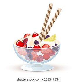 Realistic fruit dessert  with wafer rolls. Strawberry, cherry, raspberry and yogurt or cream sauce in the glass bowl. Isolated on the white background. eps10