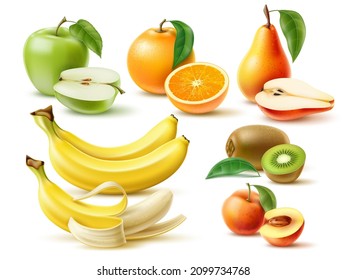 Realistic fruit. Fresh natural food. Sweet juicy orange and tropical peach. Isolated pear or delicious green apple. Whole kiwi and halves. Yummy banana. Vector vitamin