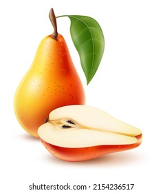 Realistic fruit. Fresh pear with leaf. Whole or half juicy pieces. Summer healthy vitamin food. Natural sweet ingredient. Vegetarian meal. Organic crop. Vector plant