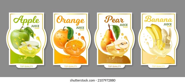 Realistic fruit labels. Different juices stickers. Fresh drinks brand emblems. Packaging tags with apple and orange. Liquid splashes. Pear and banana. Vector beverage