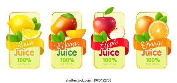 Realistic fruit labels. Packaging stickers with fresh realistic fruits citrus lemon and orange, mango and apple. Water drops, juices and jam emblems. Vector isolated templates set