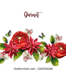 Realistic fruit mix on a white background. Pattern of pomegranate, lilies, figs with leaves and text.