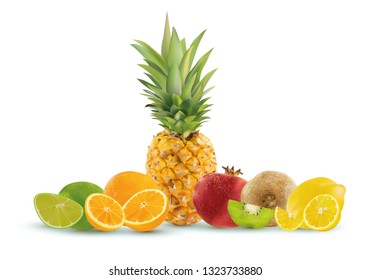 Realistic fruit on a white background, pineapple, lemon, kiwi, lime, pomegranate, orange. Vector graphics.