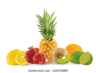 Realistic fruit on a white background, pineapple, lemon, kiwi, lime, pomegranate, orange. Vector graphics.
