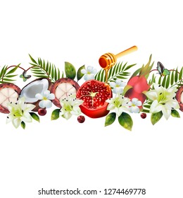 Realistic fruit seamless pattern. Image of coconut, pomegranate, mangosteen, pitahaya, a spoon of honey, flowers, palm leaves.