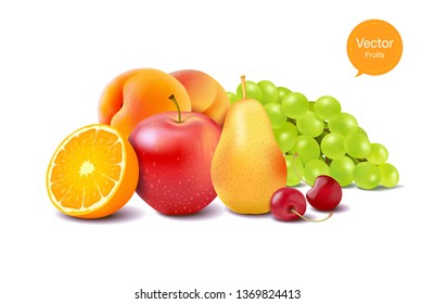 Realistic fruit. Sweet food with vitamins. Summer citrus fresh fruits. Apple, pear, orange, cherry, grape, peach. Vector Illustration