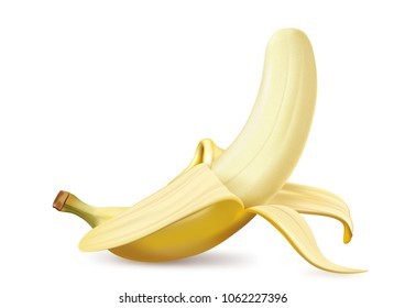 Realistic fruit vector illustration of half peeled ripe yellow banana isolated on white background. 3D model illustrate, copy and logo space for design.