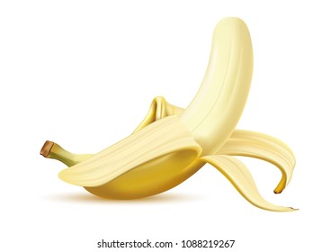 Realistic fruit vector illustration of half peeled ripe yellow banana isolated on white background. 3D model illustration, copy and logo space for design.