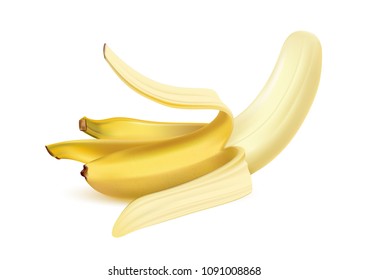 Realistic fruit vector illustration of half peeled ripe yellow banana isolated on white background. 3D model illustrate, copy and logo space for design.