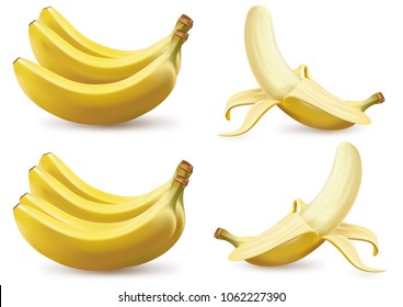 Frutos realistas ilustran los plátanos maduros amarillos aislados de fondo blanco. Modelo 3D ilustra, copia y espacio de logotipo para el diseño.