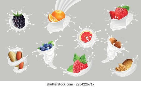 Realistic fruits berries and nuts in milk splashes isolated on grey background vector illustration