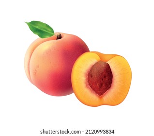 Realistic fruits composition with images of whole and sliced peach fruit on blank background vector illustration