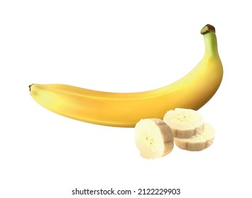 Realistic fruits composition with images of whole and sliced banana fruit on blank background vector illustration